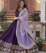Purple Faux Blooming Georgette With Rich Sequins Multi Embroidered Gown With Dupatta