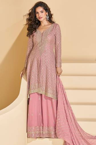 Pink zari embroidery sequins mirror & stone georgette anarkali palazzo suit-Full stitched free size