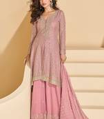 Pink zari embroidery sequins mirror & stone georgette anarkali palazzo suit-- Full stitched free size