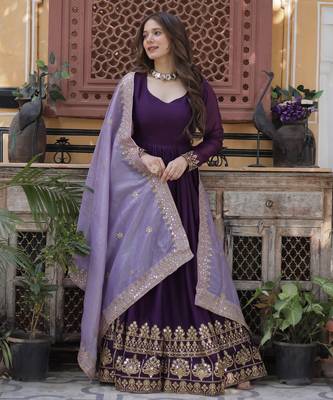 Purple Faux Blooming Georgette With Rich Sequins Multi Embroidered Gown With Dupatta 2