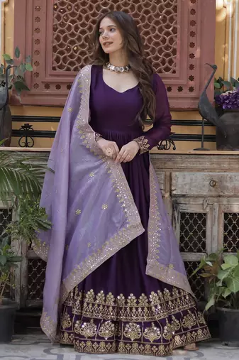 Purple Faux Blooming Georgette With Rich Sequins Multi Embroidered Gown With Dupatta