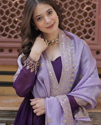 Purple Faux Blooming Georgette With Rich Sequins Multi Embroidered Gown With Dupatta 3