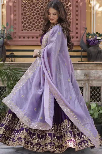 Purple Faux Blooming Georgette With Rich Sequins Multi Embroidered Gown With Dupatta