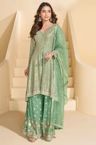 Sea green zari embroidery sequins mirror & stone georgette anarkali palazzo suit-Full stitched free size