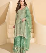 Sea green zari embroidery sequins mirror & stone georgette anarkali palazzo suit-- Full stitched free size