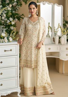 Beigethread embroidery sequins & stone georgette anarkali palazzo suit-Full stitched free size 1