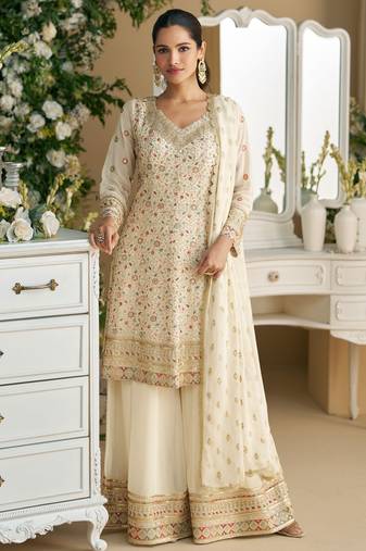 Beigethread embroidery sequins & stone georgette anarkali palazzo suit-Full stitched free size
