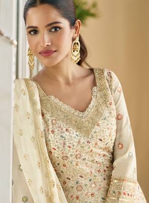 Beigethread embroidery sequins & stone georgette anarkali palazzo suit-Full stitched free size 2