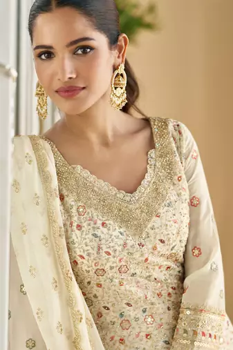 Beigethread embroidery sequins & stone georgette anarkali palazzo suit-Full stitched free size