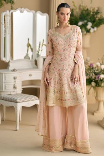 Pink thread embroidery sequins & stone georgette anarkali palazzo suit-Full stitched free size