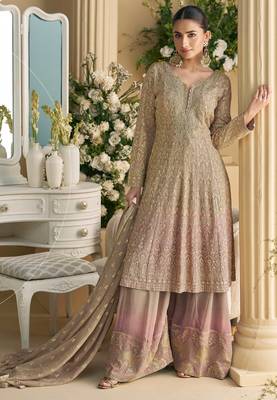 Beige embroidery sequins & stone georgette anarkali palazzo suit-- Full stitched free size 1