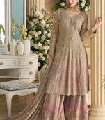Beige embroidery sequins & stone georgette anarkali palazzo suit-- Full stitched free size
