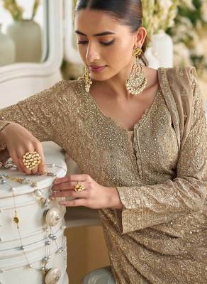 Beige embroidery sequins & stone georgette anarkali palazzo suit-- Full stitched free size 2