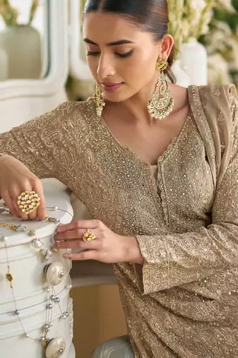 Beige embroidery sequins & stone georgette anarkali palazzo suit-- Full stitched free size
