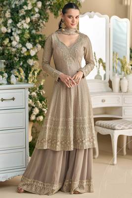 Beige embroidery sequins & stone georgette anarkali palazzo suit-- Full stitched free size. 1