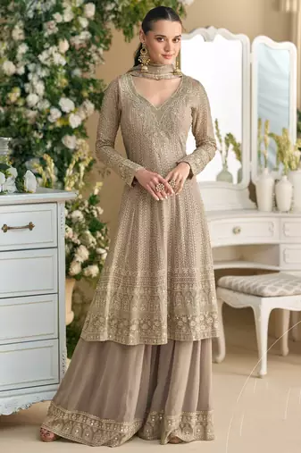 Beige embroidery sequins & stone georgette anarkali palazzo suit-- Full stitched free size.