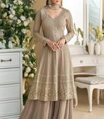 Beige embroidery sequins & stone georgette anarkali palazzo suit-- Full stitched free size.
