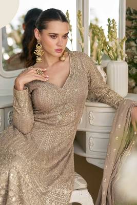 Beige embroidery sequins & stone georgette anarkali palazzo suit-- Full stitched free size. 2