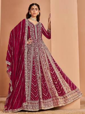 Pink embroidery & sequin georgette anarkali churidar suit-- Full stitched free size 1