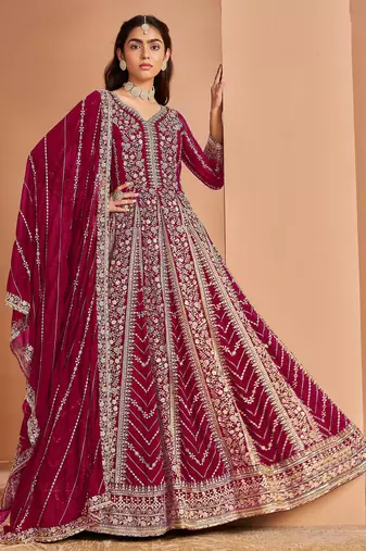 Pink embroidery & sequin georgette anarkali churidar suit-- Full stitched free size