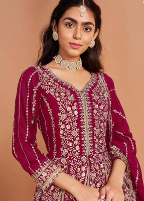 Pink embroidery & sequin georgette anarkali churidar suit-- Full stitched free size 2