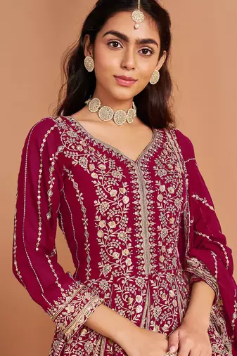 Pink embroidery & sequin georgette anarkali churidar suit-- Full stitched free size