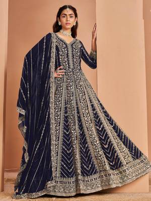 Blue embroidery & sequin georgette anarkali churidar suit-- Full stitched free size 1
