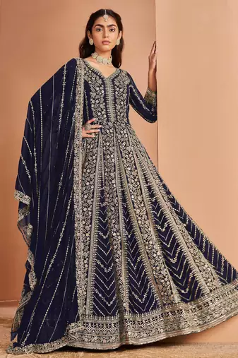 Blue embroidery & sequin georgette anarkali churidar suit-- Full stitched free size