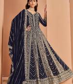 Blue embroidery & sequin georgette anarkali churidar suit-- Full stitched free size