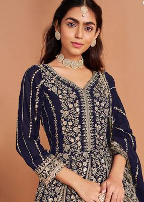Blue embroidery & sequin georgette anarkali churidar suit-- Full stitched free size 2