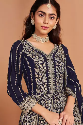 Blue embroidery & sequin georgette anarkali churidar suit-- Full stitched free size