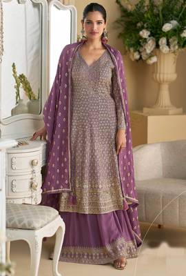 Lilac embroidery sequins & stone georgette anarkali palazzo suit-- Full stitched free size 1