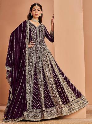 Purple embroidery & sequin georgette anarkali churidar suit-- Full stitched free size 1