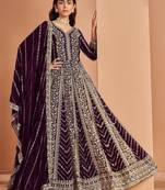 Purple embroidery & sequin georgette anarkali churidar suit-- Full stitched free size
