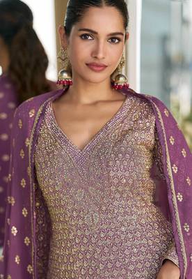 Lilac embroidery sequins & stone georgette anarkali palazzo suit-- Full stitched free size 2