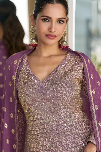 Lilac embroidery sequins & stone georgette anarkali palazzo suit-- Full stitched free size