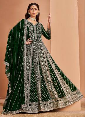 Green embroidery & sequin georgette anarkali churidar suit-- Full stitched free size 1