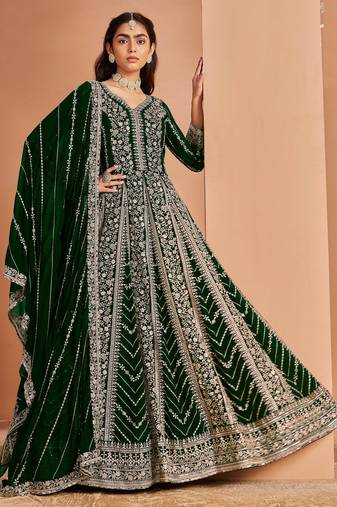 Green embroidery & sequin georgette anarkali churidar suit-Full stitched free size
