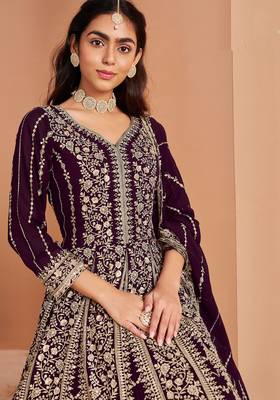 Purple embroidery & sequin georgette anarkali churidar suit-- Full stitched free size 2