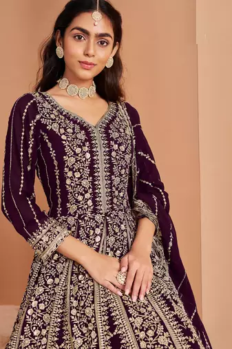 Purple embroidery & sequin georgette anarkali churidar suit-- Full stitched free size