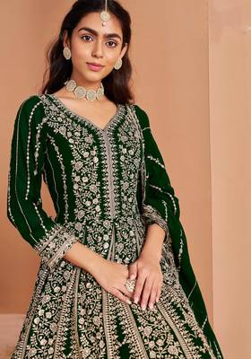 Green embroidery & sequin georgette anarkali churidar suit-- Full stitched free size 2
