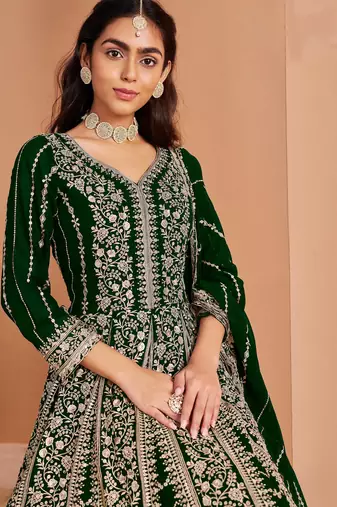 Green embroidery & sequin georgette anarkali churidar suit-- Full stitched free size