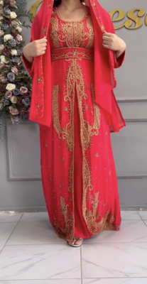  Red Moroccan-Style Stitched Kaftan with Detailed Golden Handwork Embellishments 1