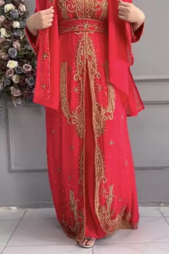  Red Moroccan-Style Stitched Kaftan with Detailed Golden Handwork Embellishments