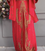  Red Moroccan-Style Stitched Kaftan with Detailed Golden Handwork Embellishments