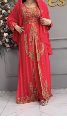  Red Moroccan-Style Stitched Kaftan with Detailed Golden Handwork Embellishments 2