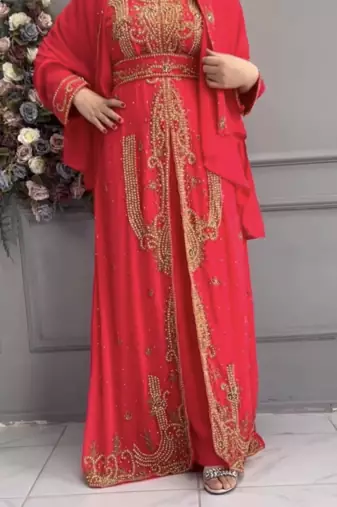  Red Moroccan-Style Stitched Kaftan with Detailed Golden Handwork Embellishments