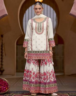 White embroidery sequins stone & mirror work with digital print chinnon straight sharara suit 42 1