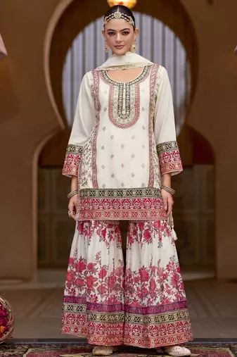 White embroidery sequins stone & mirror work with digital print chinnon straight sharara suit 42