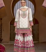 White embroidery sequins stone & mirror work with digital print chinnon straight sharara suit 42